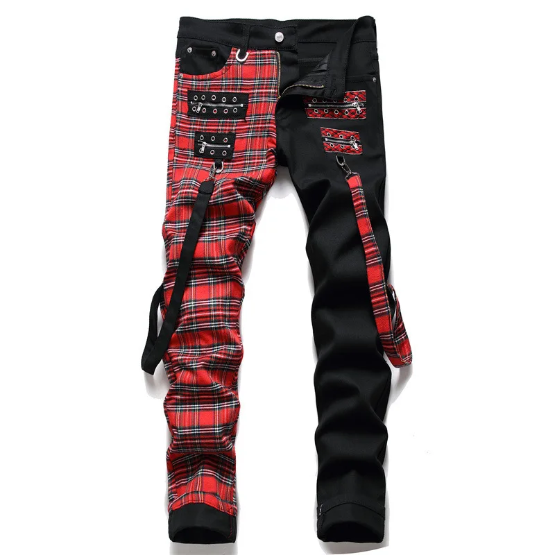 New Fashion Red Plaid Patchwork Punk Zipper Men Pencil Jeans Trousers Y2K Buckle Hip Hop Gothic Slim Denim Pants Pantaloni Uomo