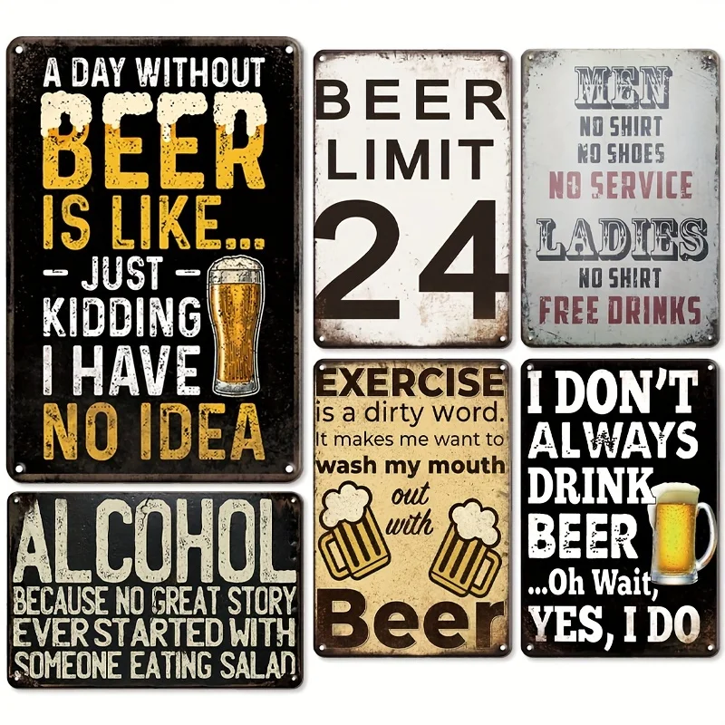 6pcs Beer Poster Bar Sign Poster, Funny Metal Bar Signs Set Vintage Bar Sign for Home Bar Wall Decorations Diner Cafe Pub for Ma