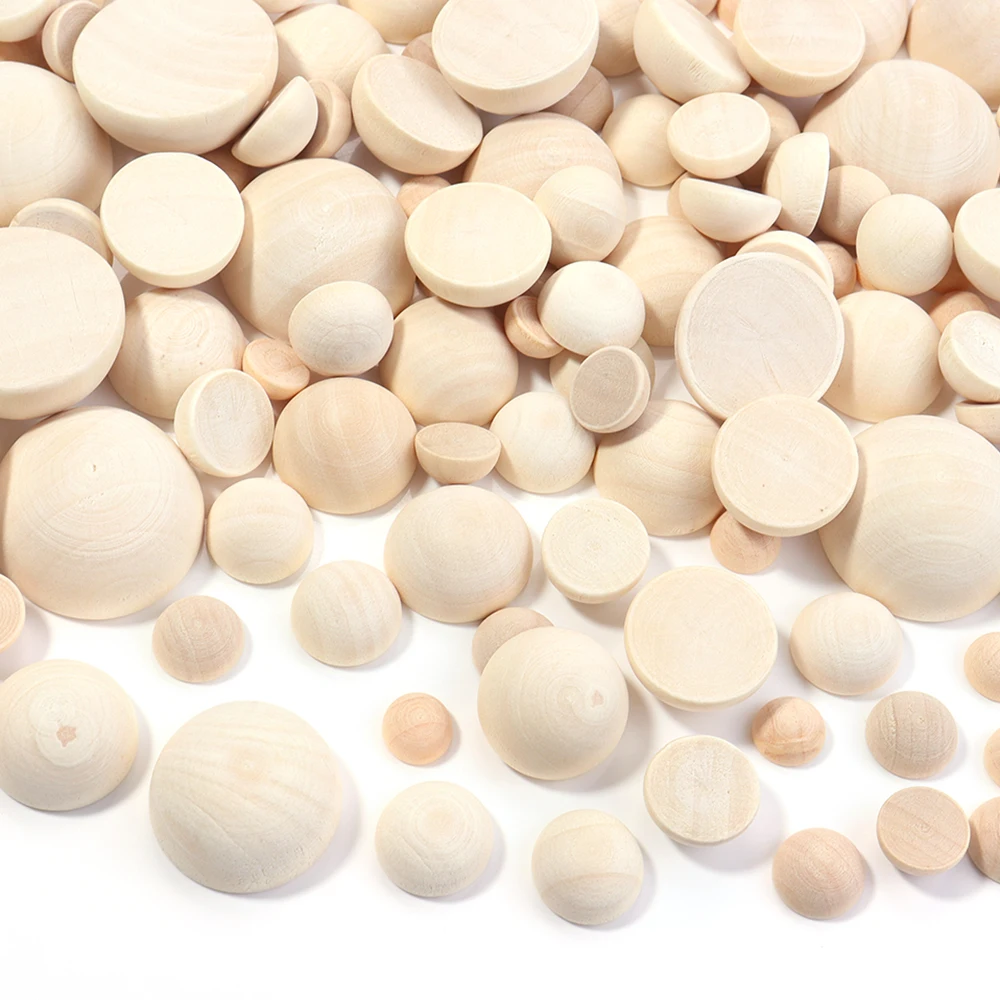 5-50pcs 10‑50mm Unfinished Half Round Wooden Beads Hemisphere Split Wood Balls for DIY Ornament Craft Decoration Supplies