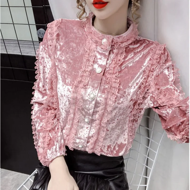 

Shirts & Blouses Pink Velvet Shirts Women Y2k Lace Patchwork Stand Collar Tops Mujer 2025 Spring Autum New Puff Sleeve