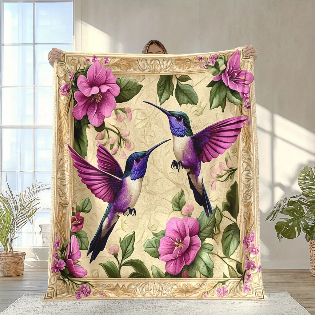 Soft and Warm Print Blanket, Hummingbirds and Flowers Pattern,Gifts for Friends, Family, and Lovers for Cars, Office Home Decor