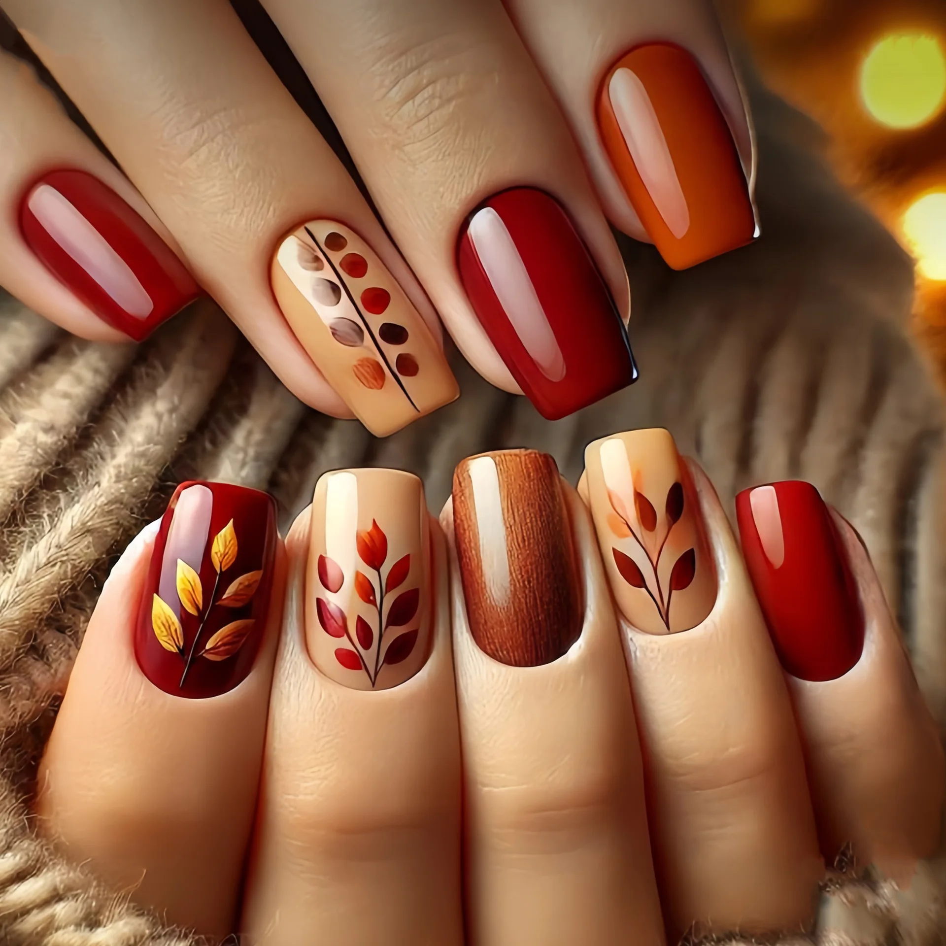 Short Medium fake nails for fall winter gradient orange brown leaf pumpkin purple pink flowers Square ballet tips press on nail