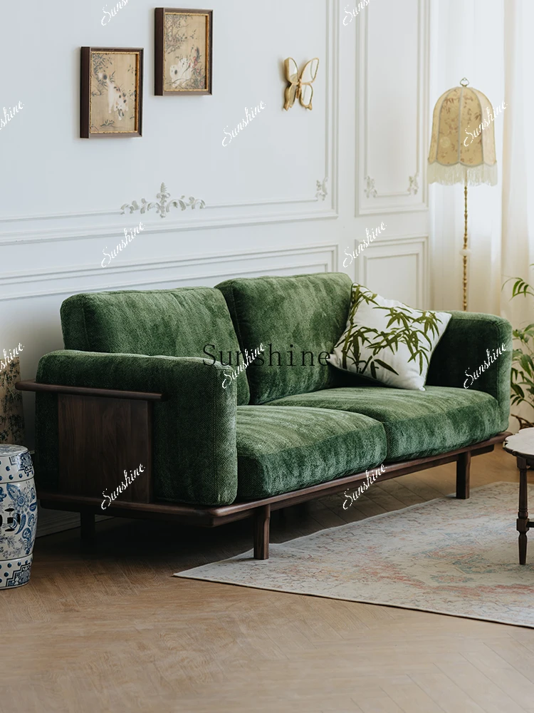 

Black walnut solid wood fabric retro small apartment modern simple three-person sofa FT