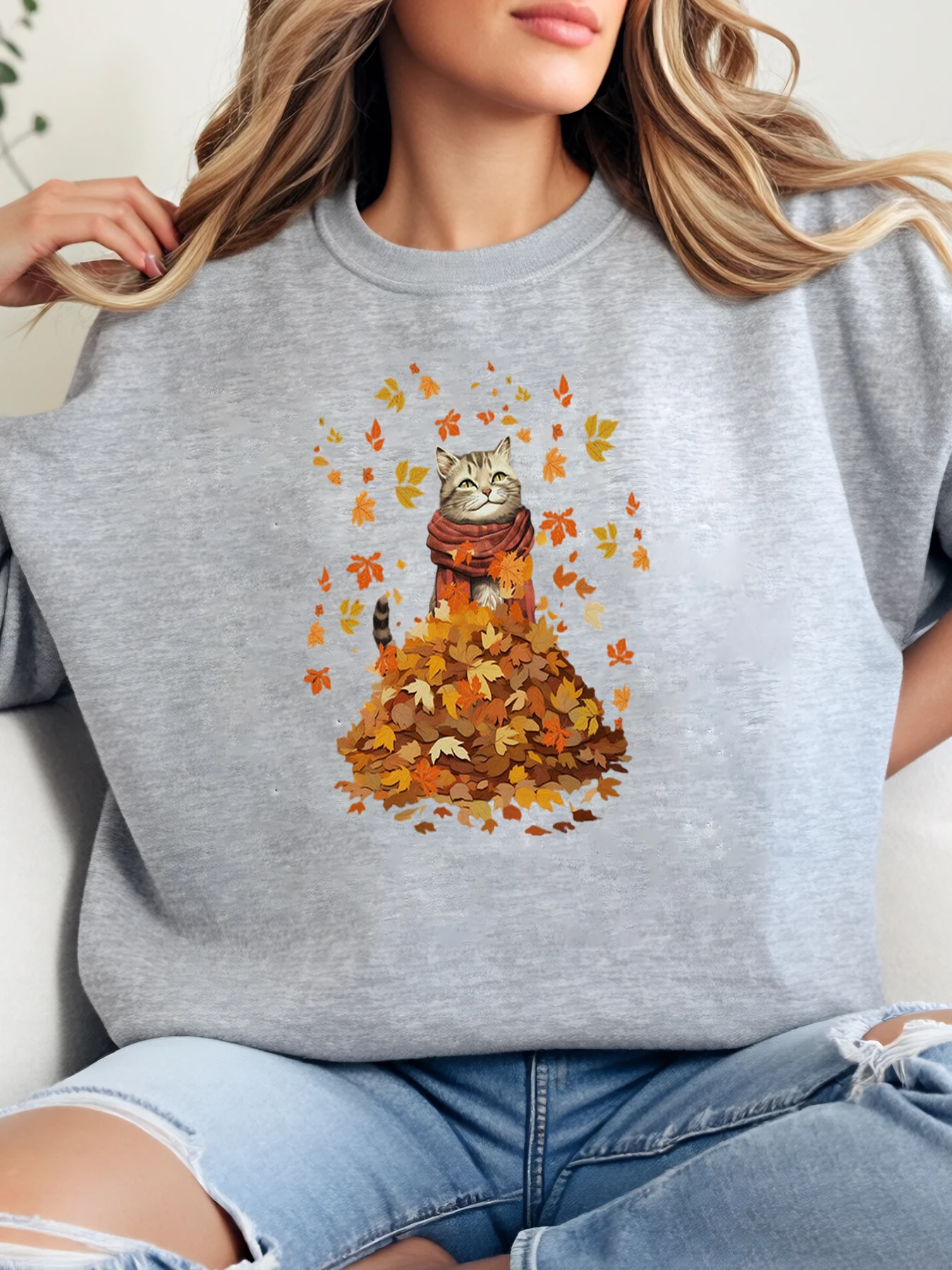 

Осенний кот с принтом листьев, толстовка на Хэллоуин, женская повседневная одежда, серый, больших размеров
