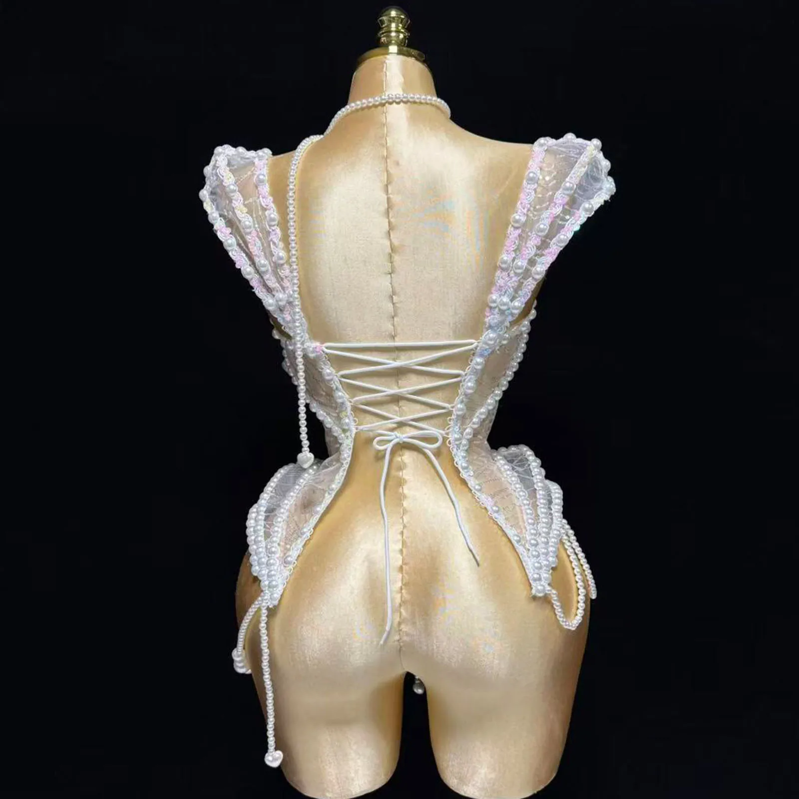 Nouveau GOGO blanc perle spectacle fille scène Sexy femmes discothèque fête anniversaire culture hauts porter chanteur Performance glisser reine Costumes