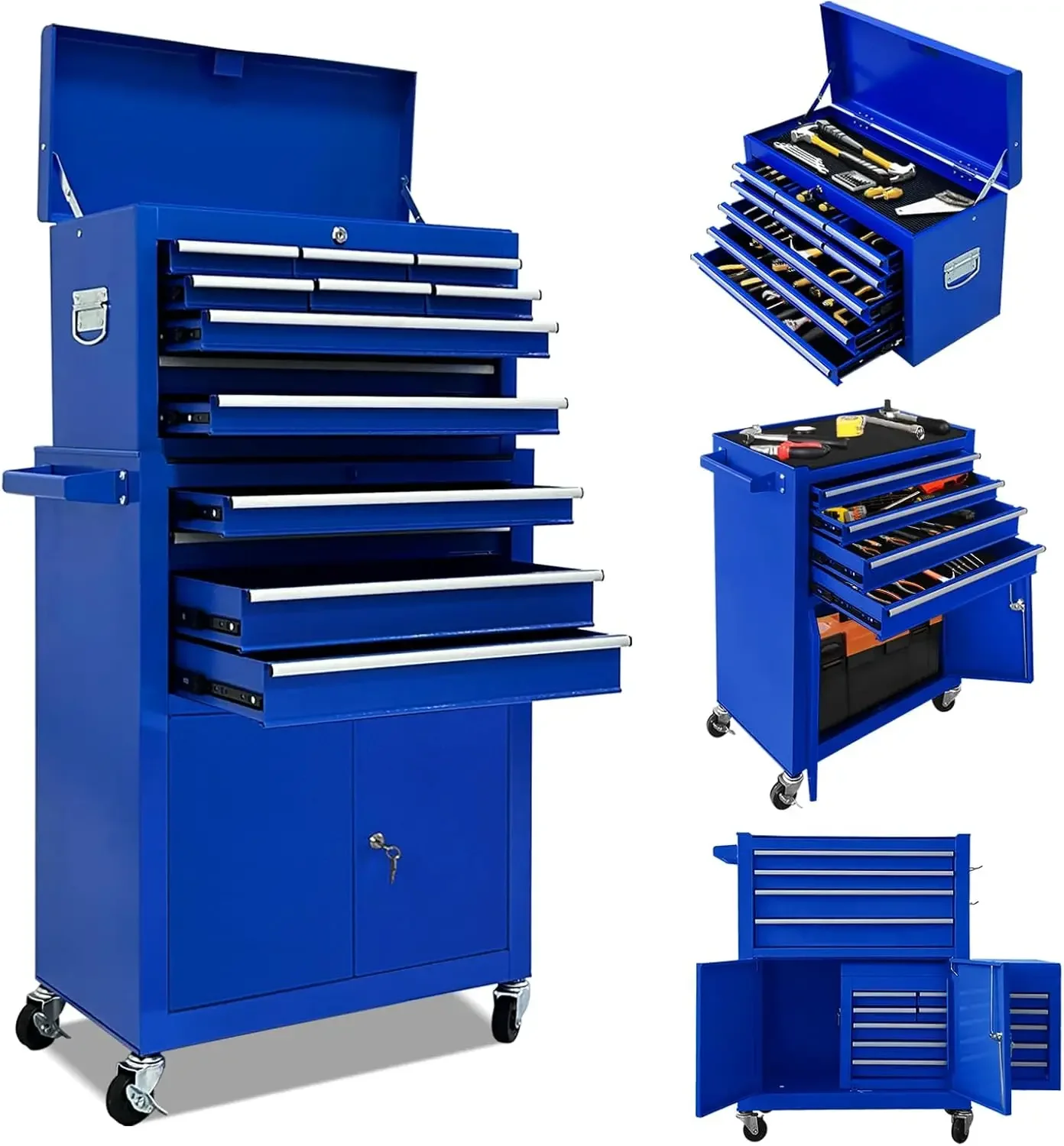 Rolling Tool Chest with Wheels and Double Doors,Tool Cabinet with Drawers,Top Detachable Tool Chest with Hooks Handles for Works