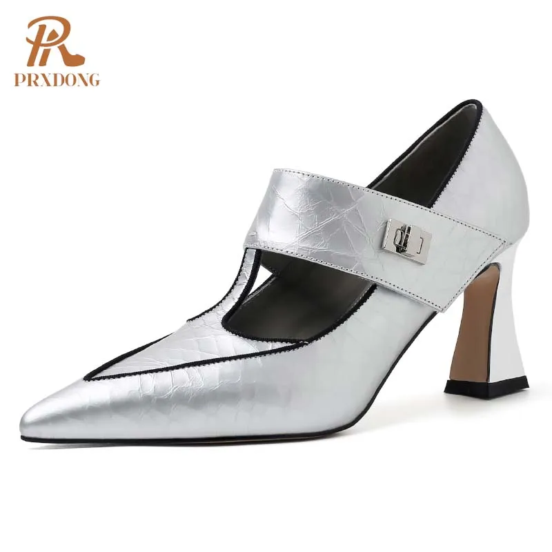 

PRXDONG Women's 2024 New Fashion Spring Summer Qulaity Real Leather High Heels Black Gold SIlver T-strap Dress Party Lady Pumps