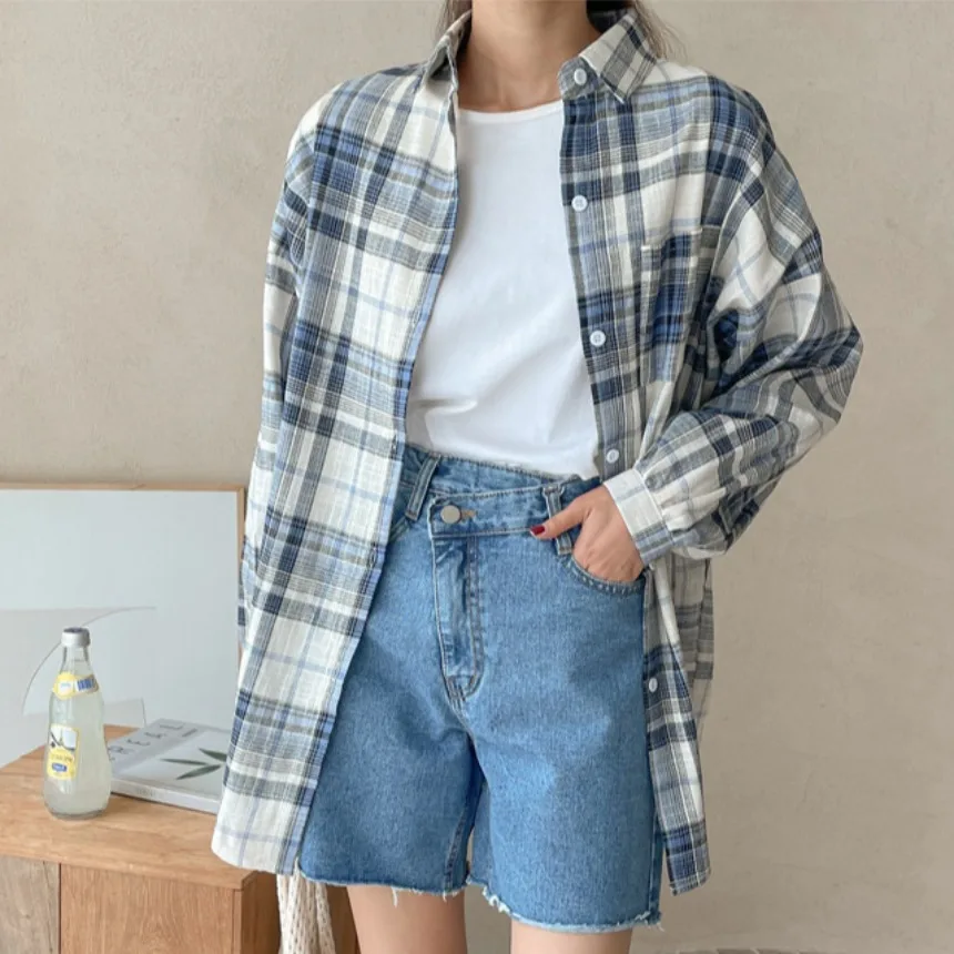 Chic Autumnal Plaid Loose Fit Long Sleeve Shirt Jacket Women's Casual Style Button Detail Cotton Linen Blend Mid-Length Top