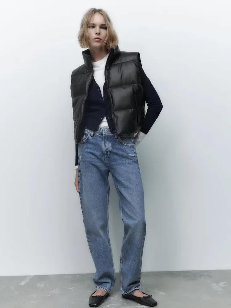 

Casual Bla Leather Look Vest Women's Faion Autumn New Sle 2025 Svel Stand Collar Cotton Jaet Versatile Tank Top