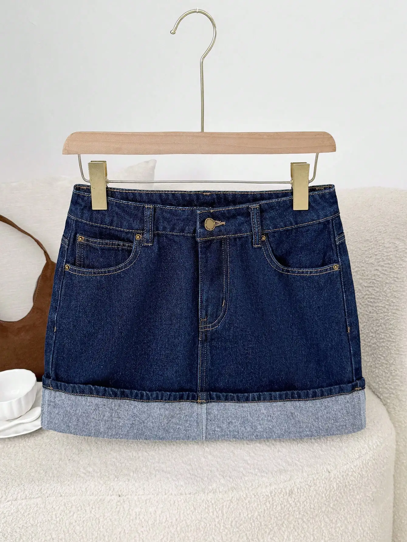 

Women's Casual Denim Mini Skirt With Pockets Rolled Hem Dark Wash