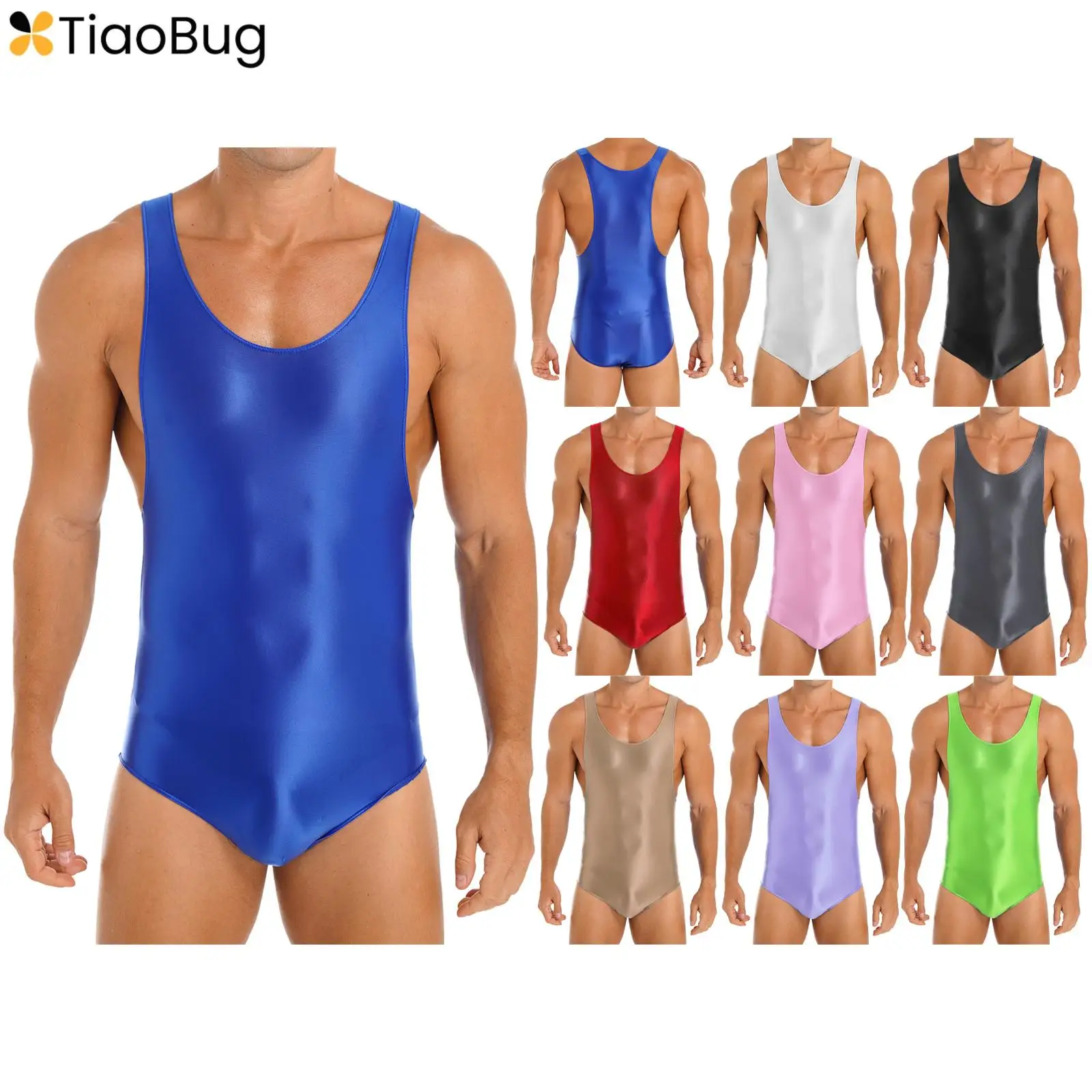 Mens Glossy Stretchy Bodysuit One Piece Lingerie Sleeveless U Neck Sport Gym Fitness Leotard Jumpsuit Romper Pajamas Sportwear