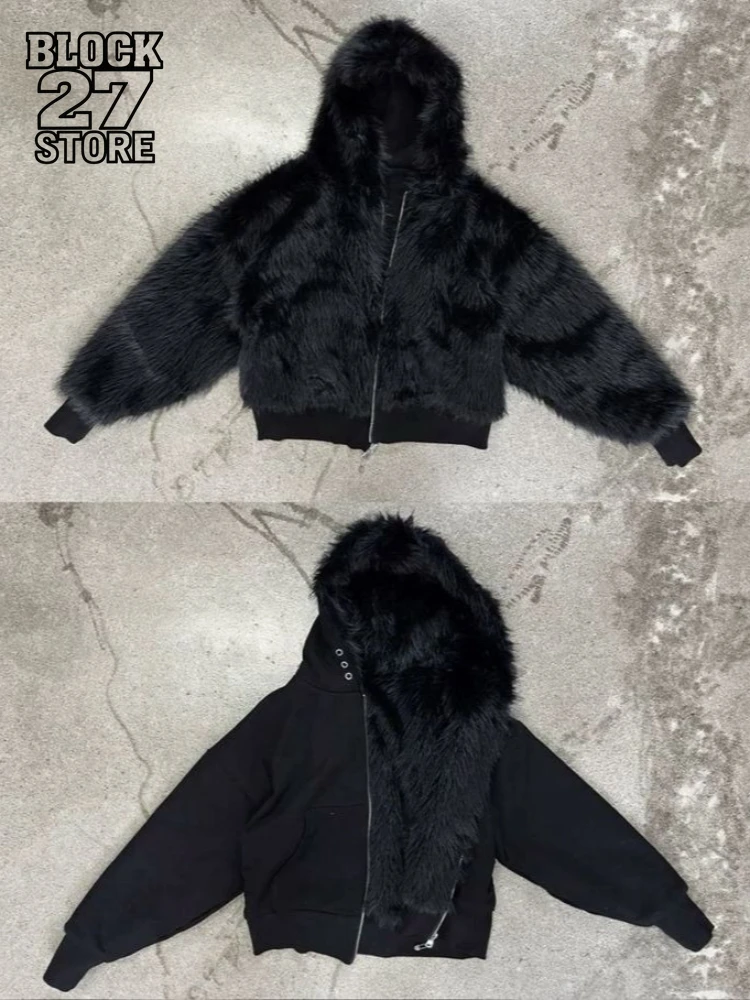 

Mens Hoodie Harajuku Reversible Streetwear Zip Up Sweatshirt Loose Fit Autumn Winter Casual Hooded Jacket Retro Fashion Design