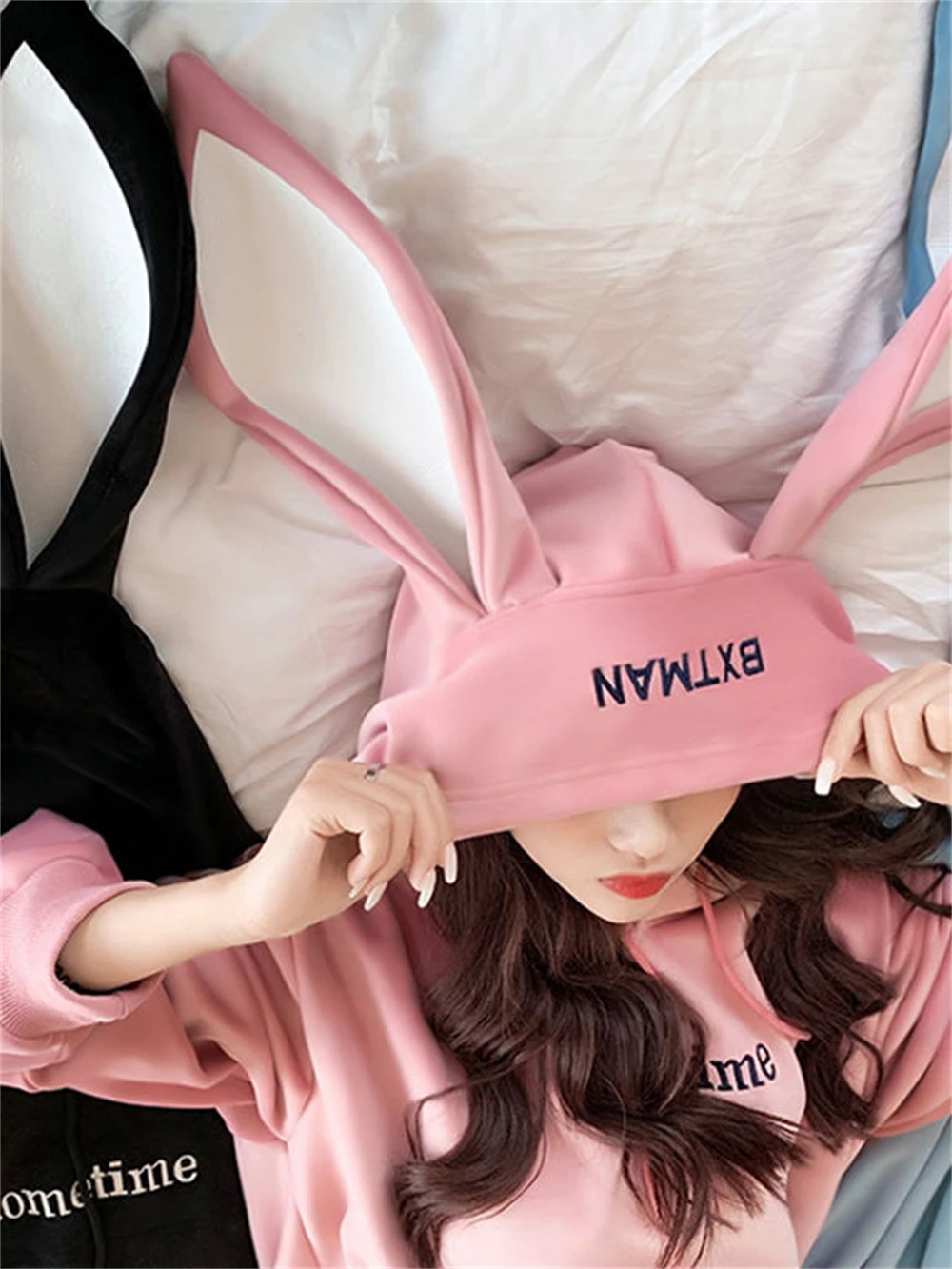 Sweet Cute Preppy Style Rabbit Ears Plus Velvet Thick Hoodies Women Loose Long Sleeve Pullover Kangaroo Pocket Tops Sweatshirt