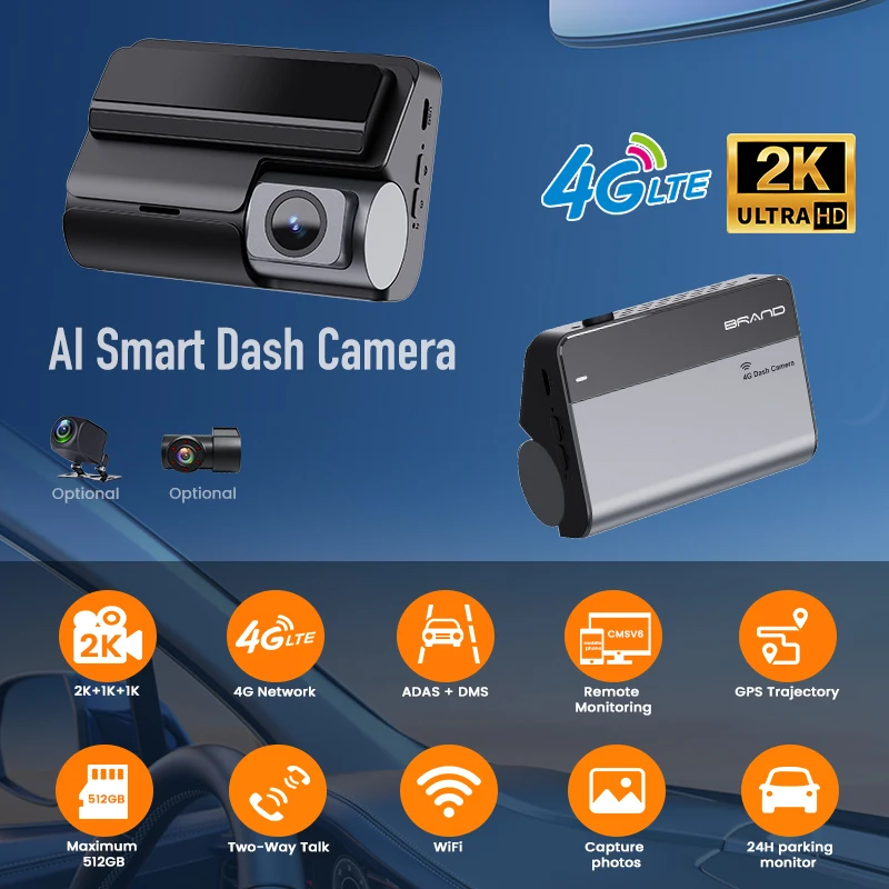 2026 Newest 3CH 4G LTE GPS ADAS BSD Smart Fleet Dash Cam 2K Front +1K IR Cabin + 1K Rear Camera Car DVR No Screen Fit for CMSV6