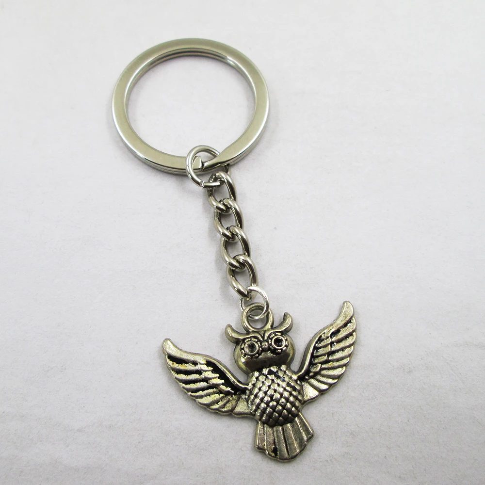 3pcs/lot Antique silver Lovely Owls With Wings 30x23mm charm keyring best frined,birthday  present ,pendant keychain