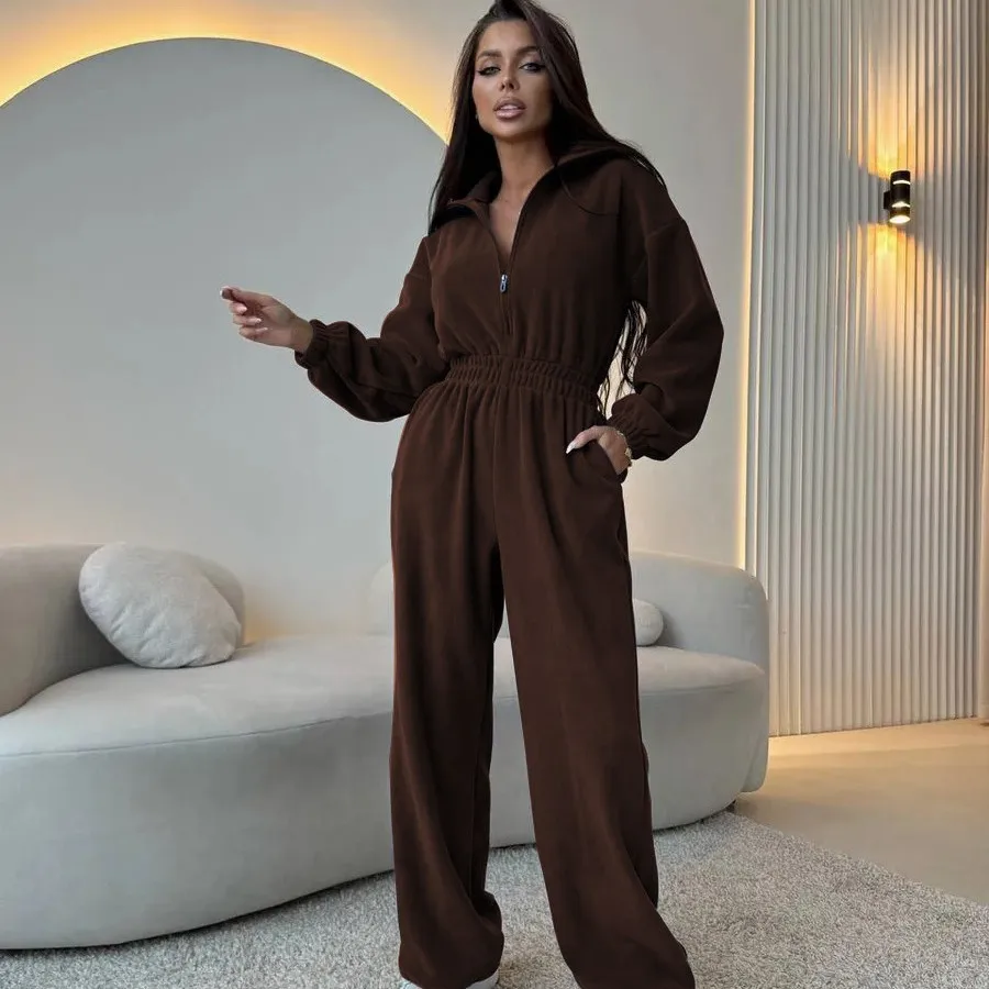 Woman Clothing Bodysuit Casual Loose Solid Color Long Sleeve Zipper Collar Jumpsuit Women's Waist Jumpsuit Sporty Overalls 2025