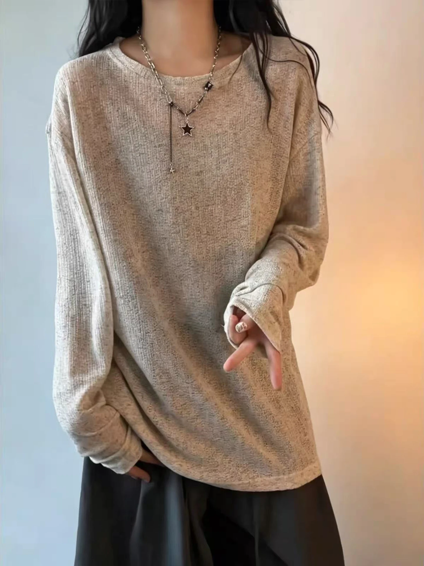 Light Grey Loose Long Sleeve Men's T-shirt Breathable Summer Lightweight Airy Hollow out Shoulder Standard Fit Casual Style