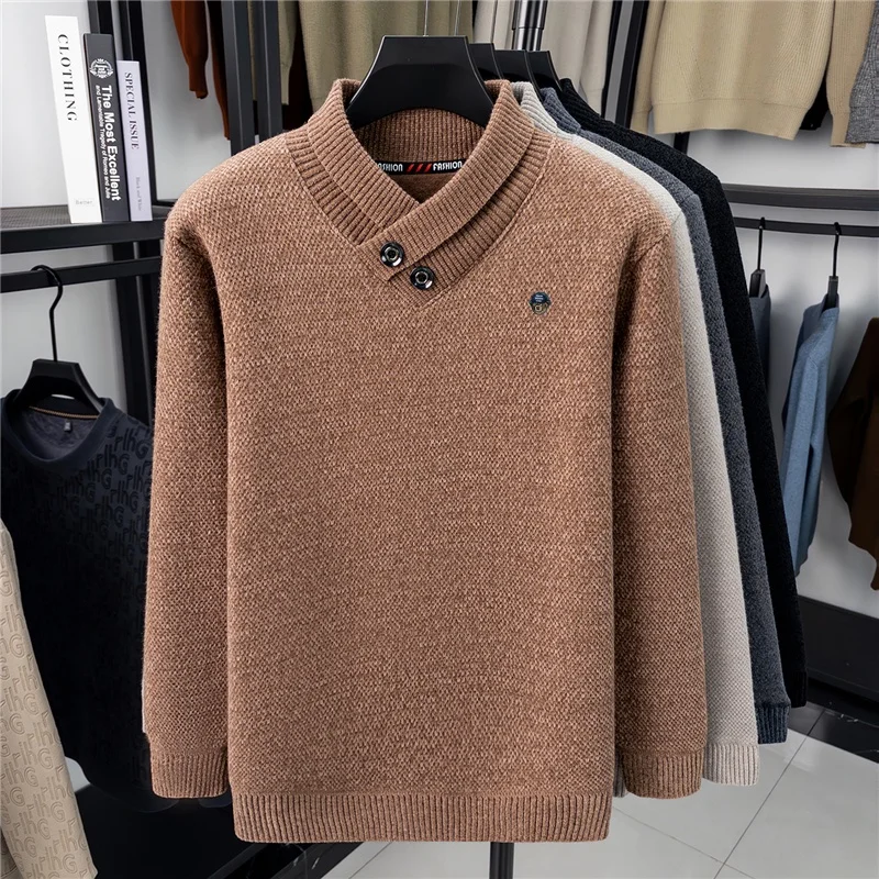 Designer High End Men's Pullover Scarf Collar Knitwear Sweater Winter New Arrival Exquisite Print Warm Soft Versatile Men'swear