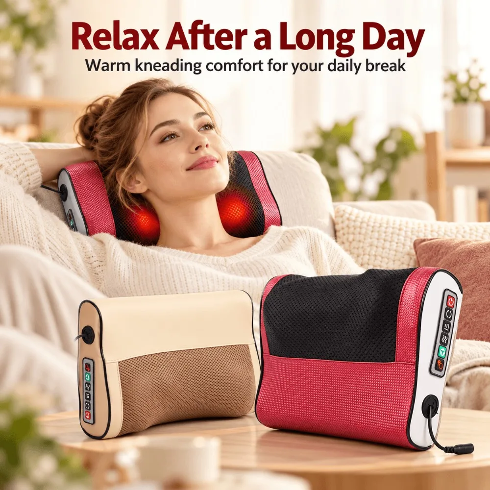 Electric Massage Pillow, Shiatsu Neck and Shoulder Massager with Heat, Deep Kneading for Back Lumbar Relaxation, Home Office Use