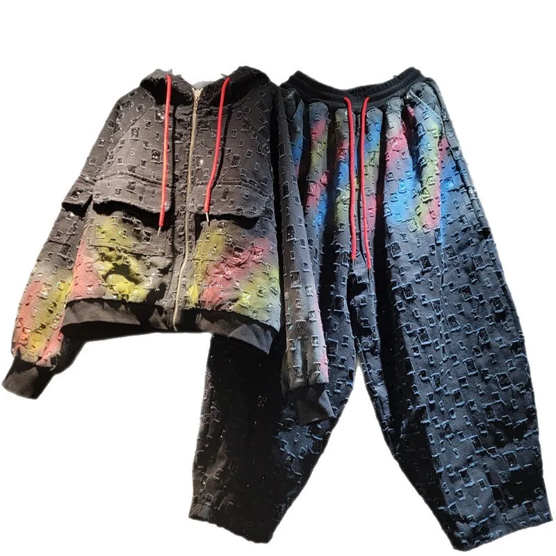 WTHT, nueva moda, chaqueta holgada con capucha con diseño a cuadros y grafiti degradado para mujer, Pantalones rectos con cintura elástica para mujer, invierno 2025 1LS2626