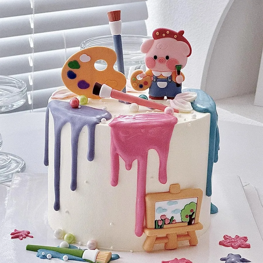 Cartoon Piggy Drawing Cake Topper Decoration Girl Baby Birthday Party Elf Favor Gifts Painting Brush Dessert Baking Supplies