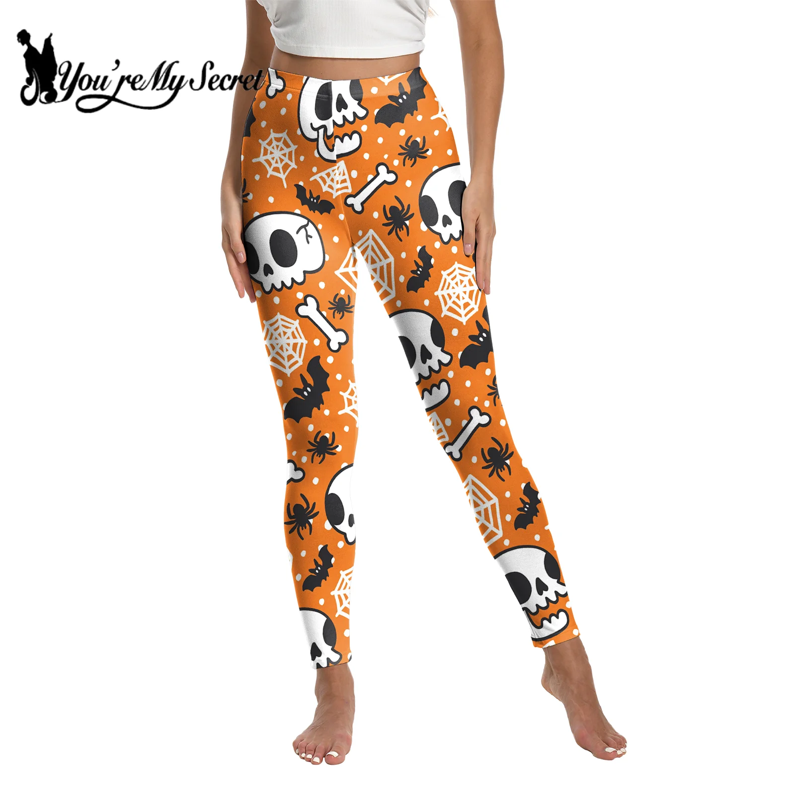 [You\'re My Secret] Summer Halloween Cosplay Pumpkin skull Print Leggings Tight Elastic High Waist Slim Skinny Pants Party Bottom