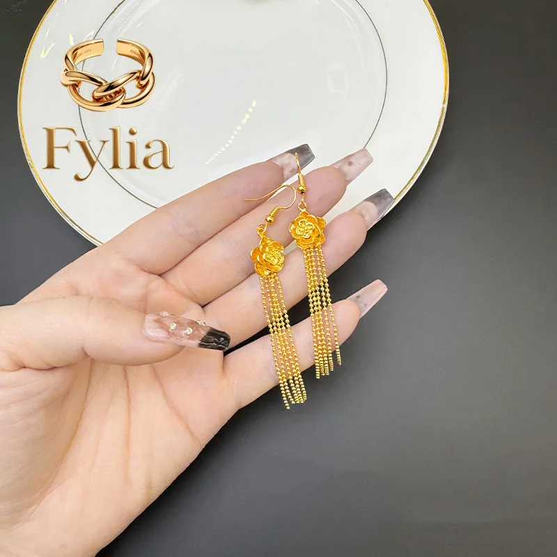 Fylia Jewelry   Luxury 24K 9999 Pure Gold real gold Women's Rose Tassel Earrings