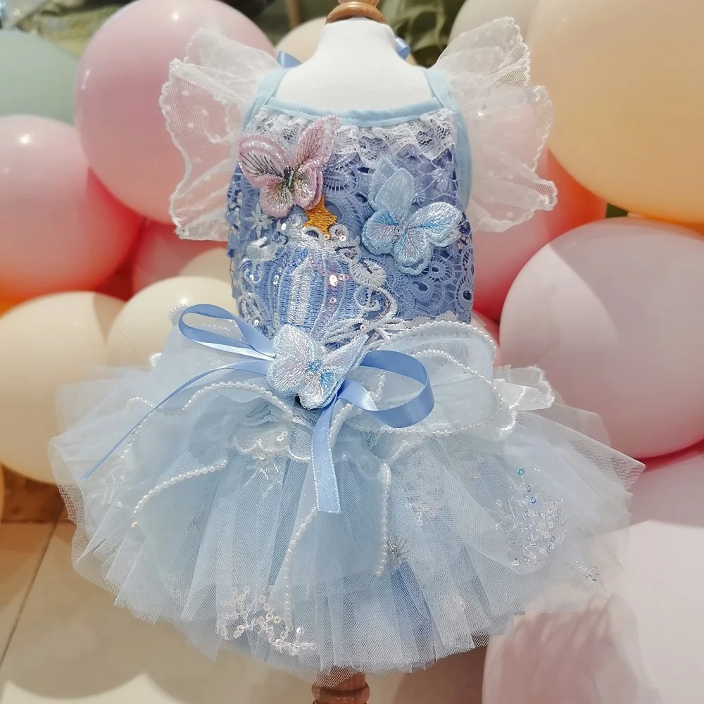 Handmade Dog Clothes Pet Supplies Princess Dress Light Blue Lace Embroidery Butterfly Accessories Flutter Sleeves Tutu One Piece