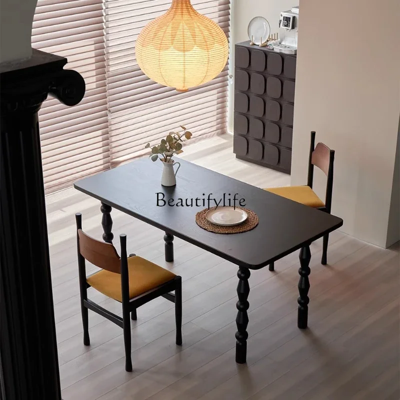 

LJY**Solid wood dining table French retro wabi style rectangular Italian minimalist black dining table