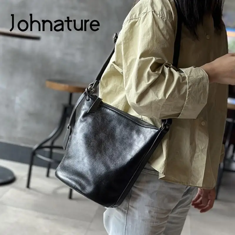 Johnature 2026 New Simple Genuine Leather Women Shoulder & Crossbody Bags Natural Real Cowhide Large Capacity Casual Bucket Bag