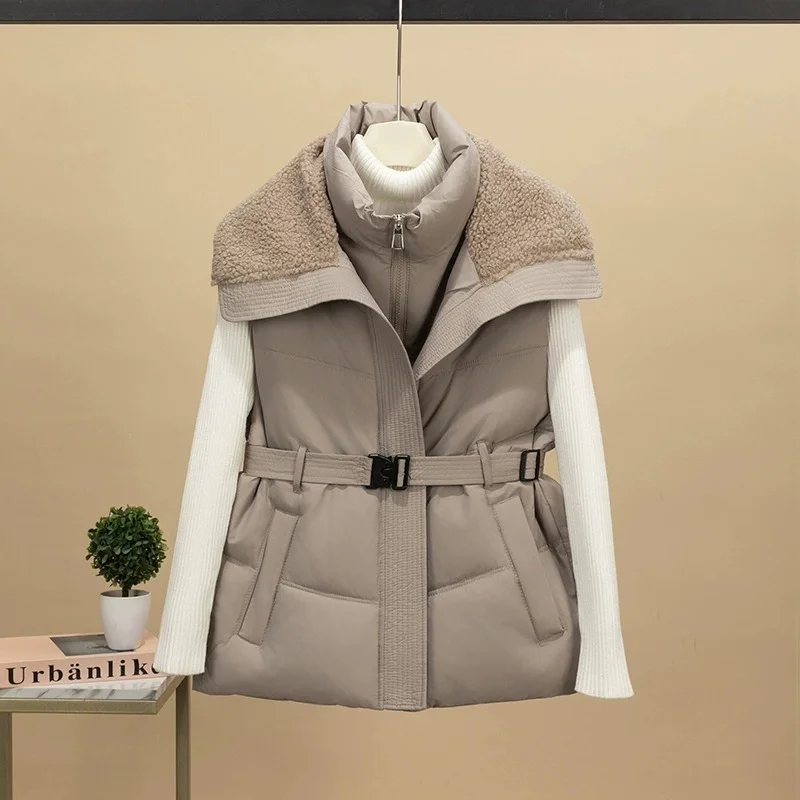 Europe United States New Women Lambswool Lapel Belt Cotton-padded Jacket Vest Fashion Sleeveless Jacket Coat Female Waistcoat