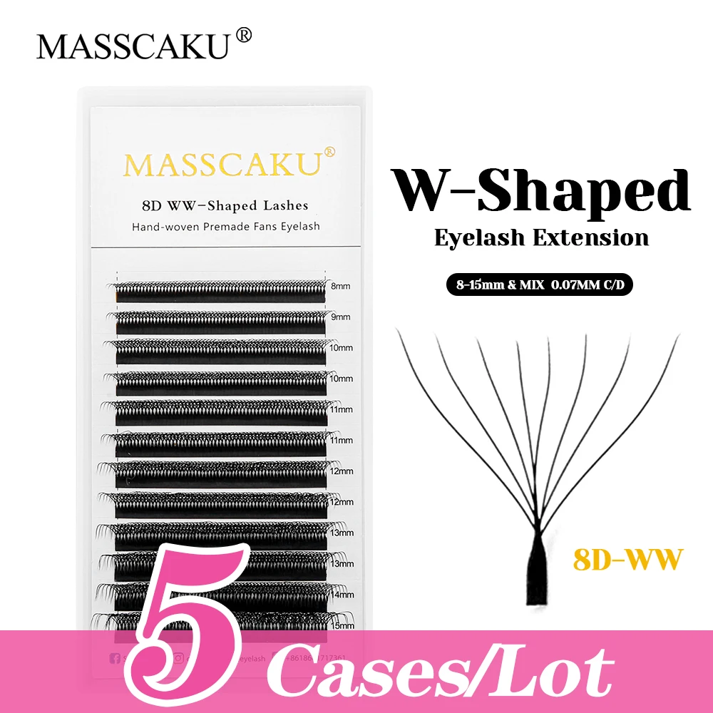 

5cases/lot MASSCAKU New Arrival 0.07mm Thickness Soft 3D/4D/5D W Design Eyelashes Waterproof W Style Clover Eyelash Makeup Tools