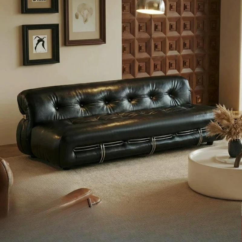 Italian minimalist large steel tooth sofa living room small apartment three-person designer creative black hippo leather sofa