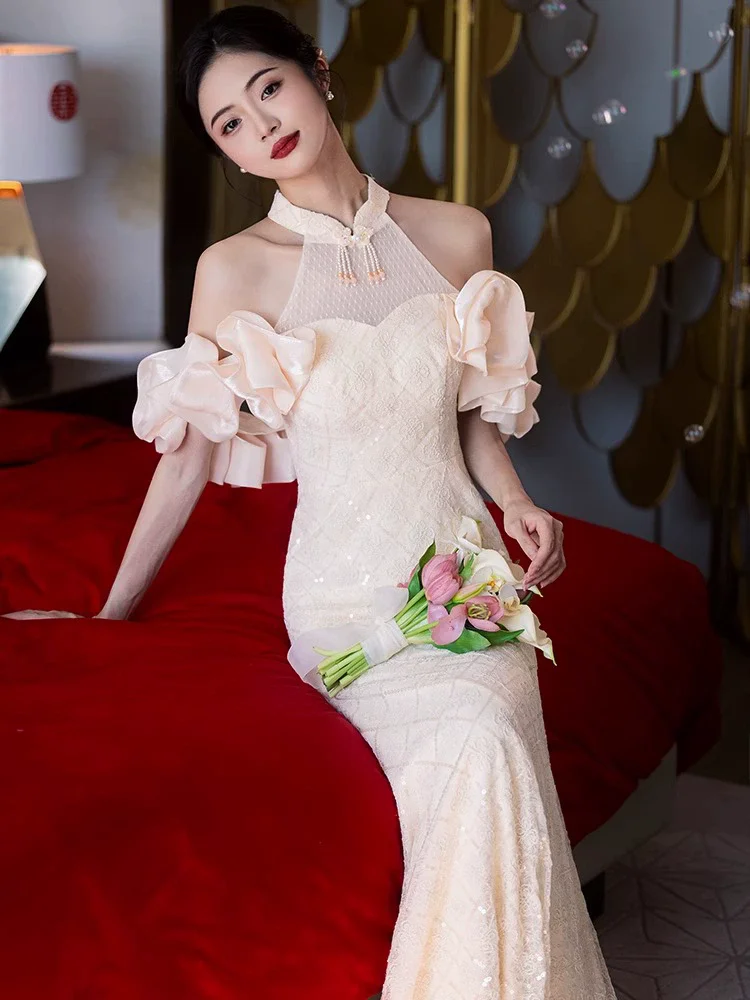 Sexy Off Shoulder Fishtail Dress Engagement Gown New Chinese Style Vintage Qipao Mandarin Collar Improved Luxury Cheongsam