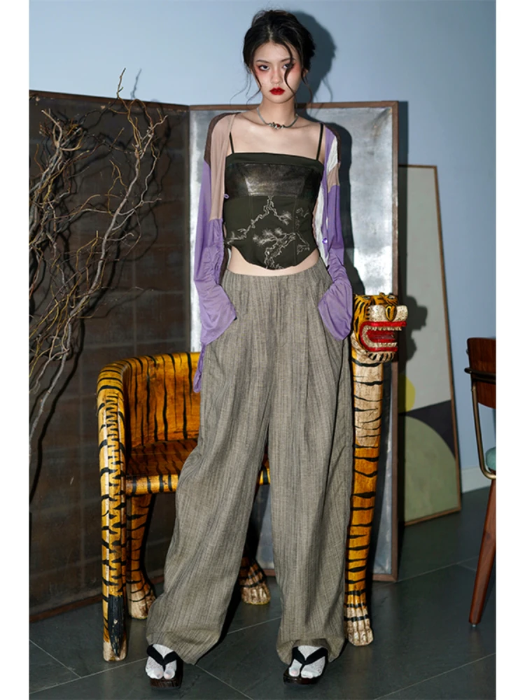 Women's Wide-Leg Pants Striped Long Loose Radish Pants Fashionable Colorful High Waist Twill Woven Skinny Pants Retro pants