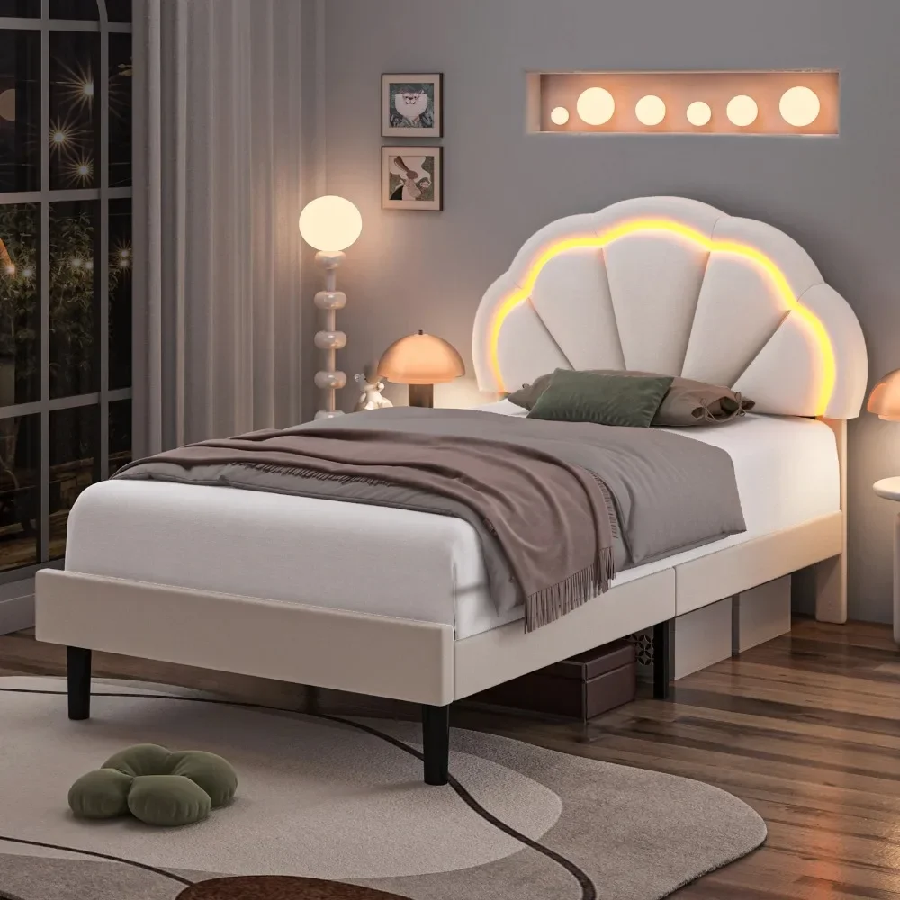 LED Bed Frame, Twin Size Velvet Upholstered Platform Bed with Adjustable Headboard, Lights Seashell Bed for Kids Girls,Off-White