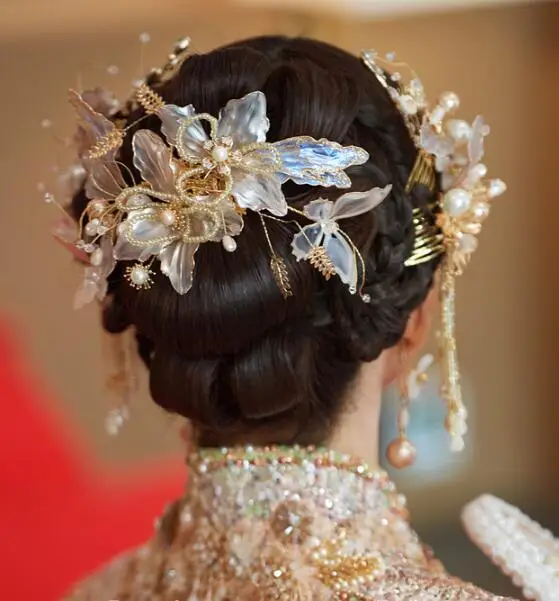 

Chinese Bride Headwear Women Gold Colour Hair Decorate Vintage Shiny Include 5 Hairpin A Earrings New