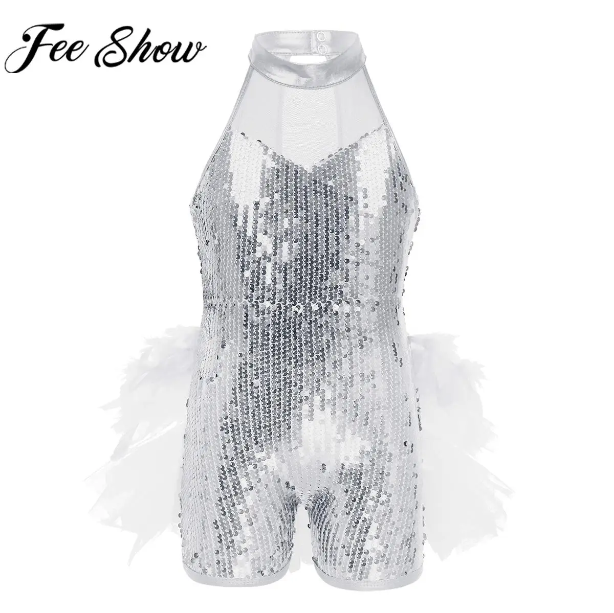 

Teen Girls Ballet Leotard Jazz Latin Dance Jumpsuit Skating Gymnastics Stage Performance Tutu Sleeveless Shiny Sequin Dancewear