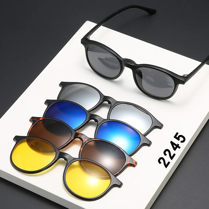 

6 In 1 Spectacle Frame Men Women With 5 PCS Clip On Polarized Sunglasses Magnetic Glasses Male Computer Optical 2245