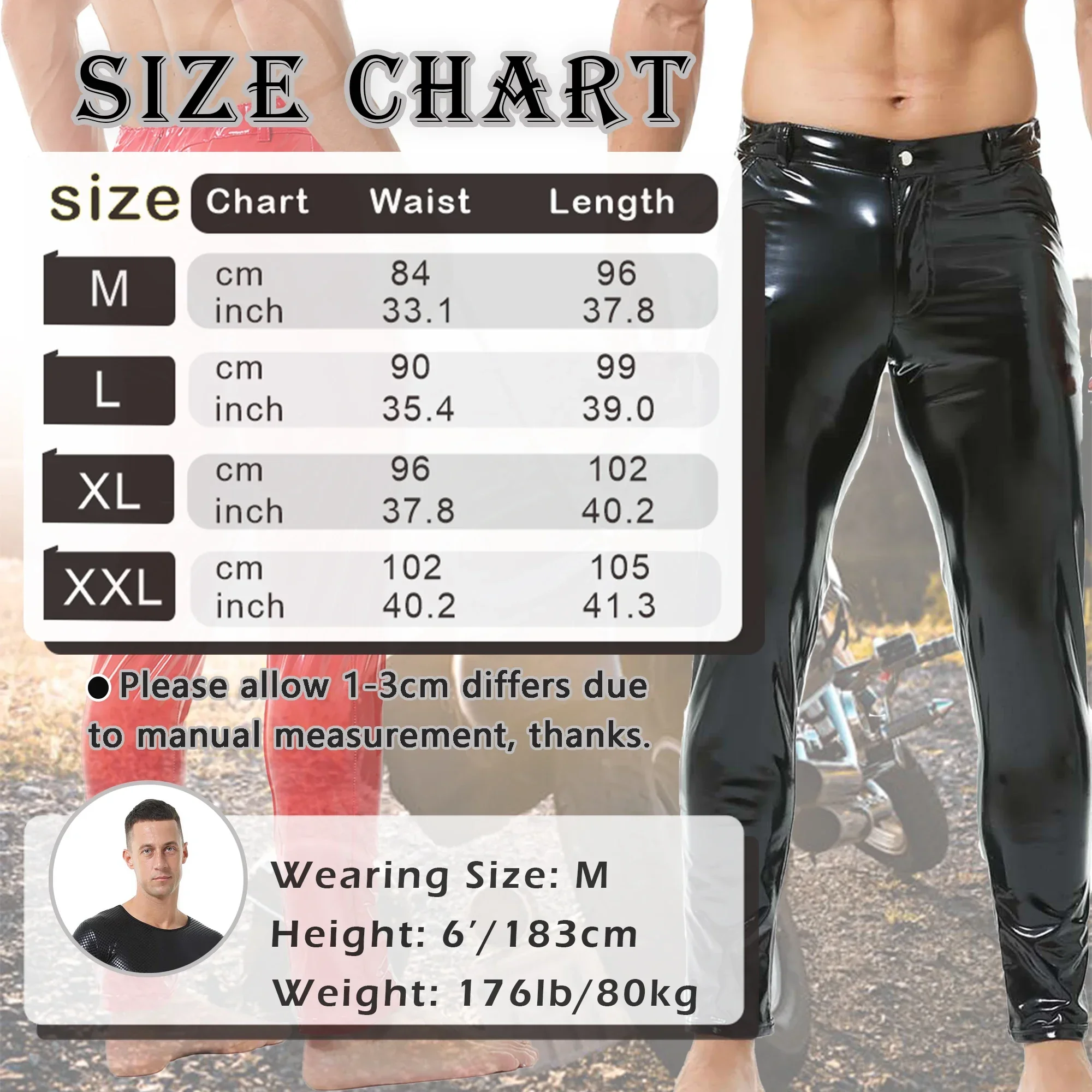 Fashion Men Skinny PVC Leather Solid Color Pants Shiny Wet Look Trousers Nightclub Wear Stage Singers Dancer Performance Costume