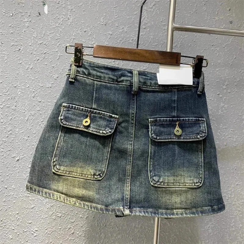 MEXZT Y2K 2000S Cargo Denim Mini Skirt Women Vintage Sexy Slit Hip Wrap Jeans Skirts Summer Korean High Waist Slim A Line Skirt