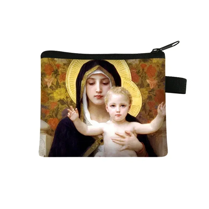 Vintage Religion Jesus Virgin Mary Coin Purse Cupid Angel Money Bags Zipper Mini Handbag Card Keychain Holder Bags Gift