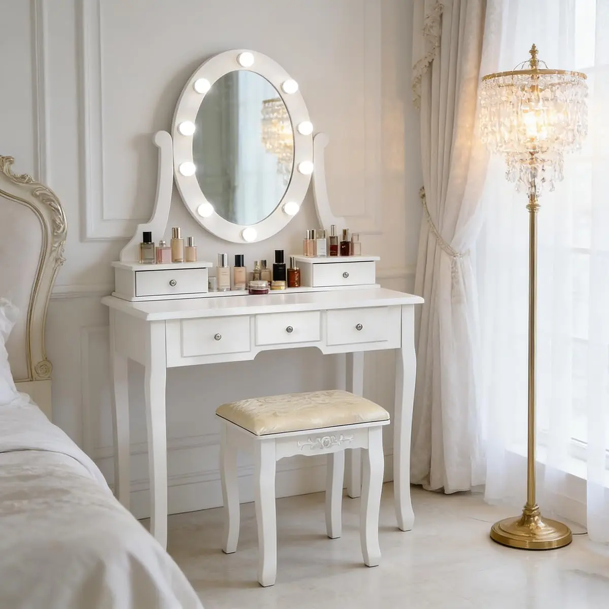 #White Dressing Table Set Drawers Mirror Bulbs Vanity Stool Rotating Removable Converts Desk Bedroom