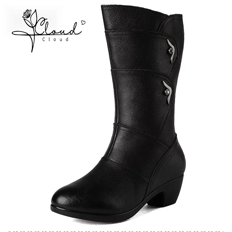 

Women's Mother Female Ladies Leather Shoes Boots Botas Knee High Zipper Winter Warm Plush Mid Calf Plus Size Mid-calf Snow Boots