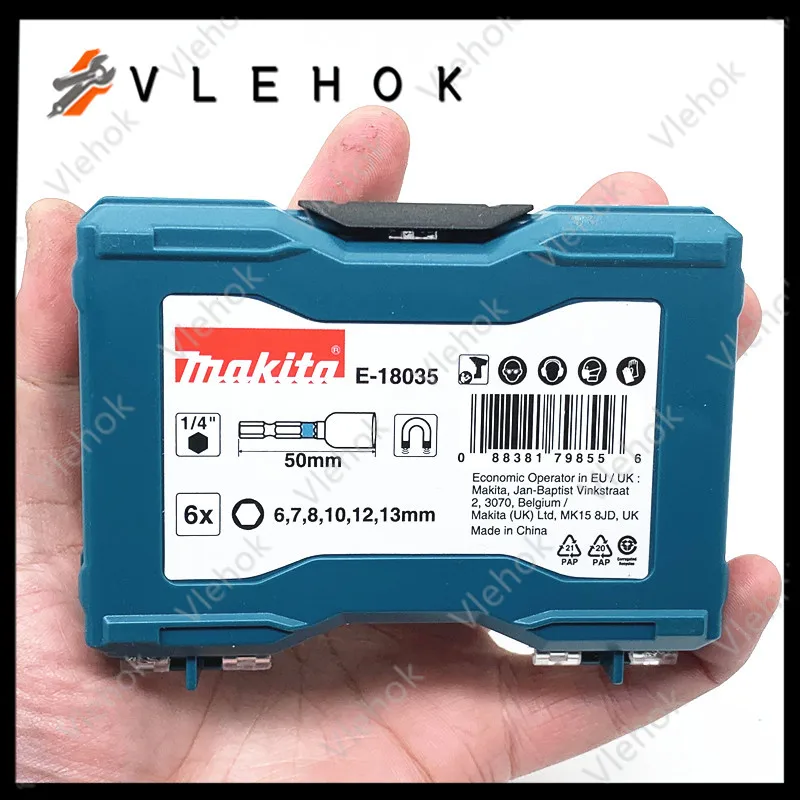 Makita E-18035 Electric Screwdriver Hexagonal Handle Magnetic Sleeve 6PCS Set 1/4” Impact Resistant Sleeve 6/7/8/10/12/13mm