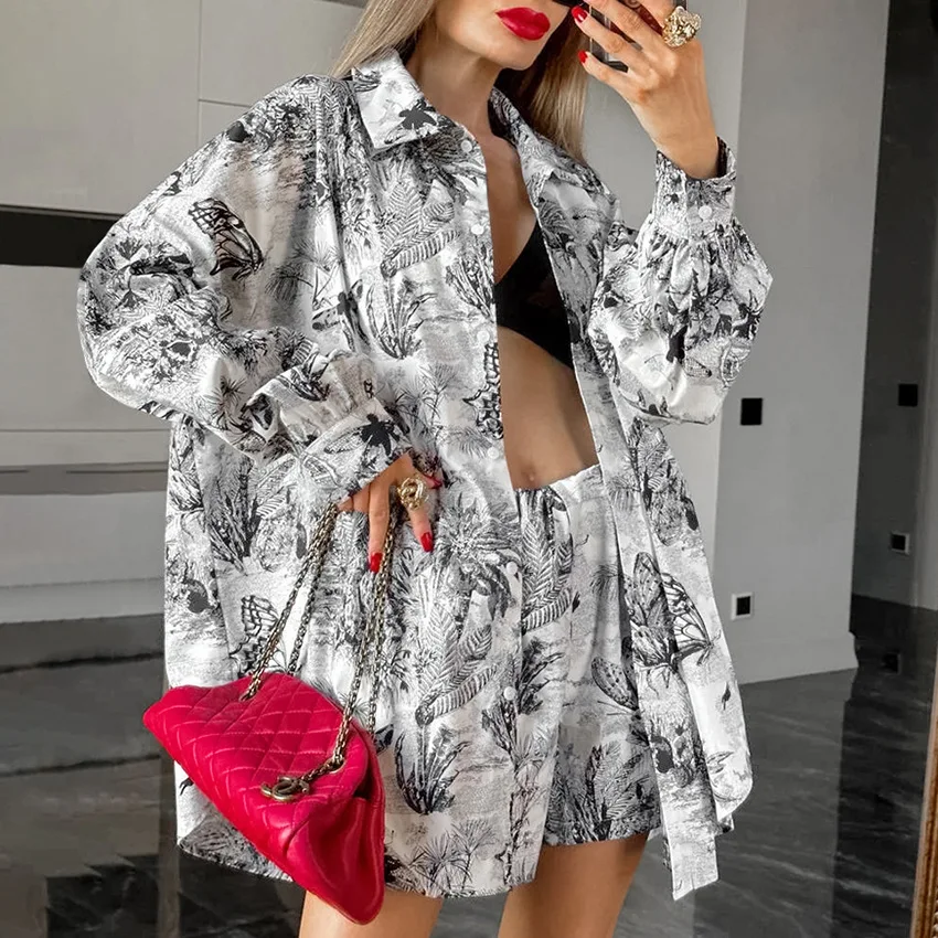 

Fashion Printed 2 Pieces Suit Women 2026 Spring Summer Oversize Lapel Full Sleeves Single Breasted Shirt Loose Shorts Female Set