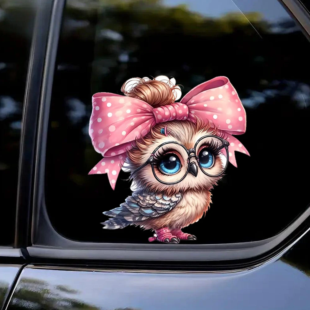 15cm/10cm Cute Owl Wearing Glasses and Pink Bow Decals, Waterproof Stickers for Car, Laptop, Wall and Glass Surface