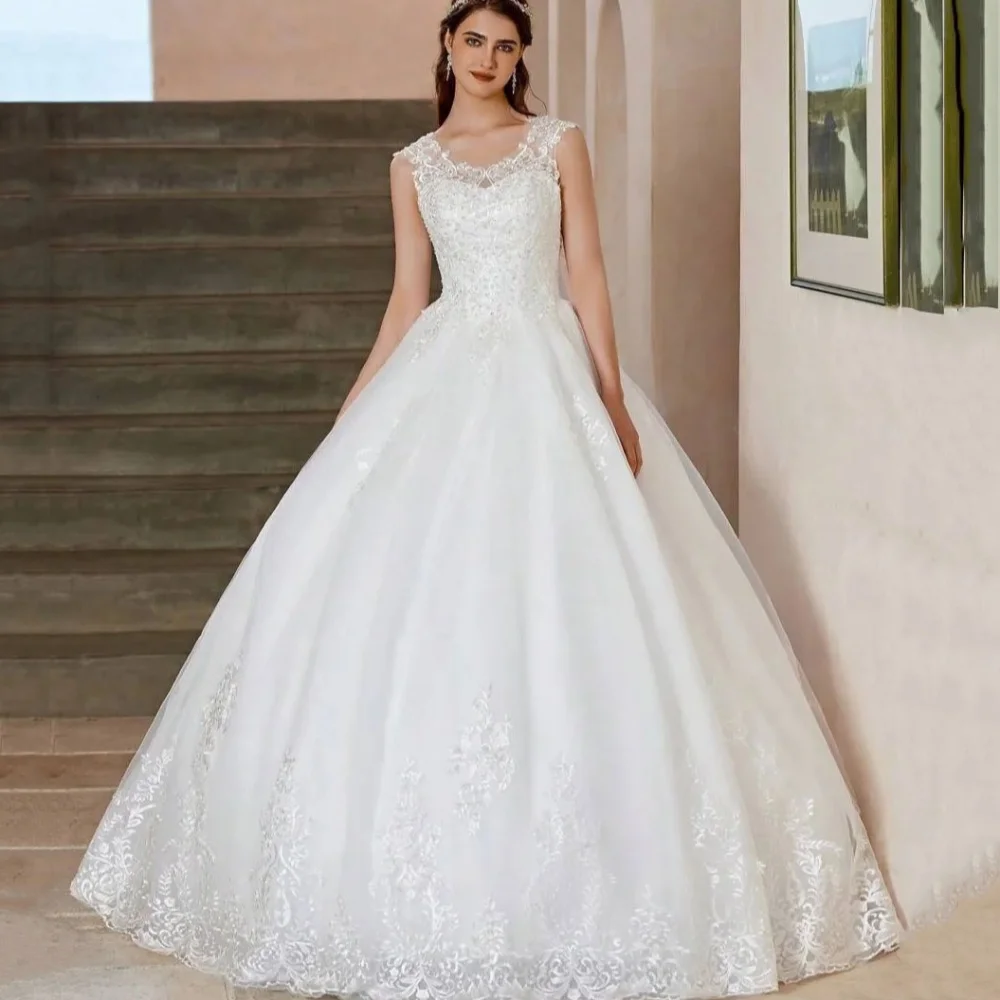 

Elegant Customized Classic Wedding Dresses A-Line Lace Bridal Ball Gowns Luxury Tank Bride Robes Applique vestido de novia