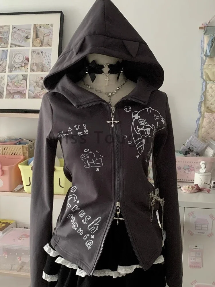 Women's Cute Y2k Slim Long Sleeve Zipper Fashionable and Chic Arrival Hooded Jacket Women's Gothic Design Solid Color Bodysuit