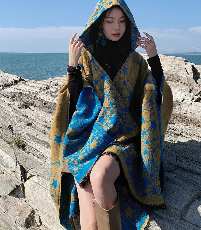 New Poncho Winter imitate Cashmere Women Vintage Preppy Print Hooded Cape Warm Femme Cloak Para Mujer Pashmina Wrap 11